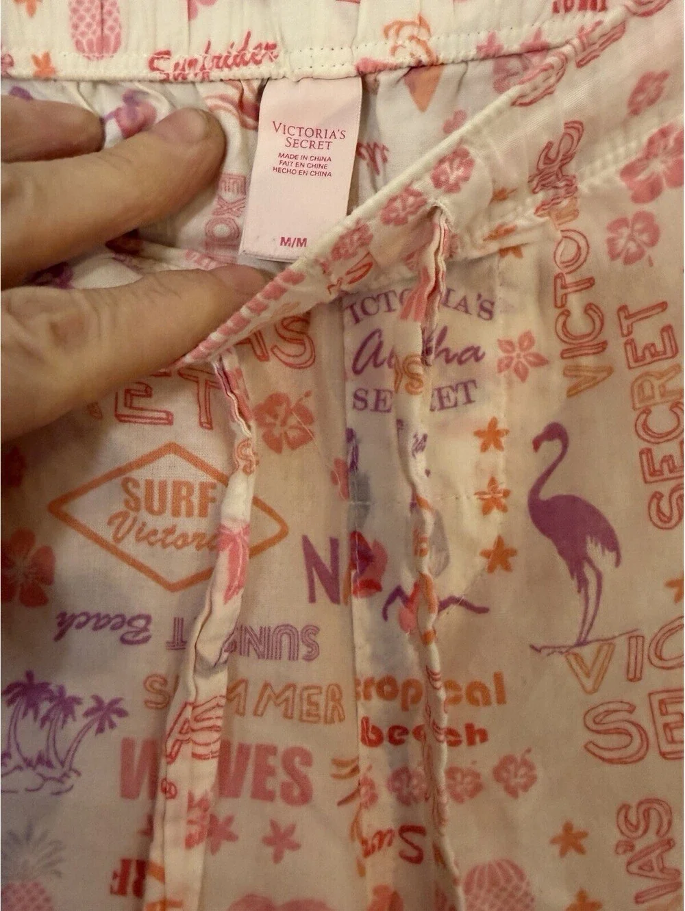 Victoria Secret Pajama Set Pink Flamingo Surf Beach Sleepwear Small Embroidered